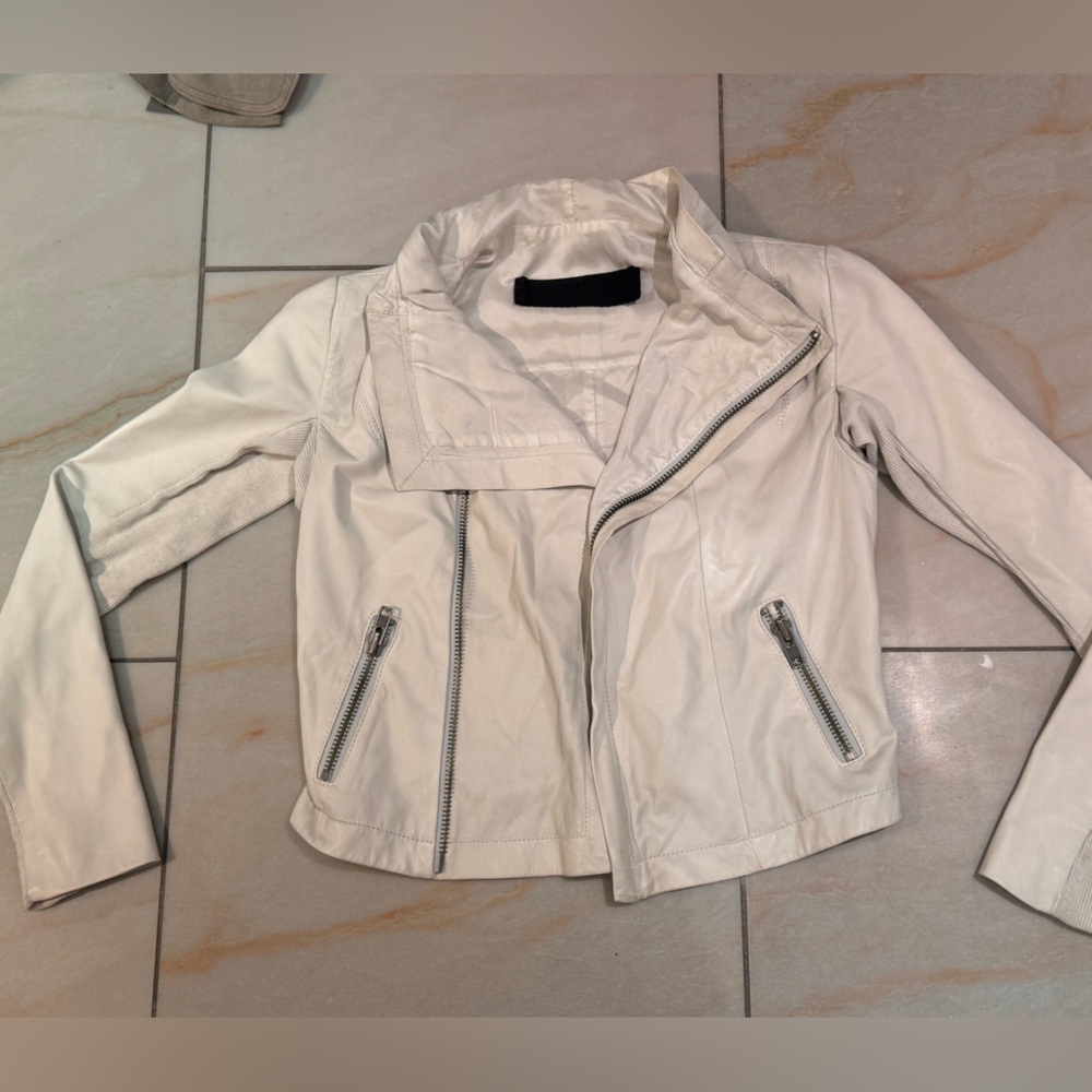 VEDA white leather biker moto jacket size small